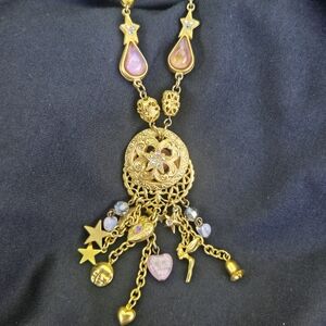 Kirs Folly  Vintage Gold-Tone Charm Pendant Necklace with Pink Accents